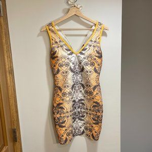 NEW WOW COUTURE | SEXY SLEEVELESS ORANGE PATTERNED BODYCON DRESS | SIZE S